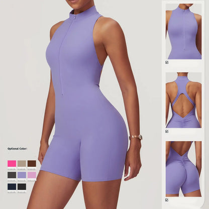 Fitness Yoga Jumpsuit With Zipper Summer Backless Shorts Jumpsuit Bodysuit For Women Clothing Metasport
