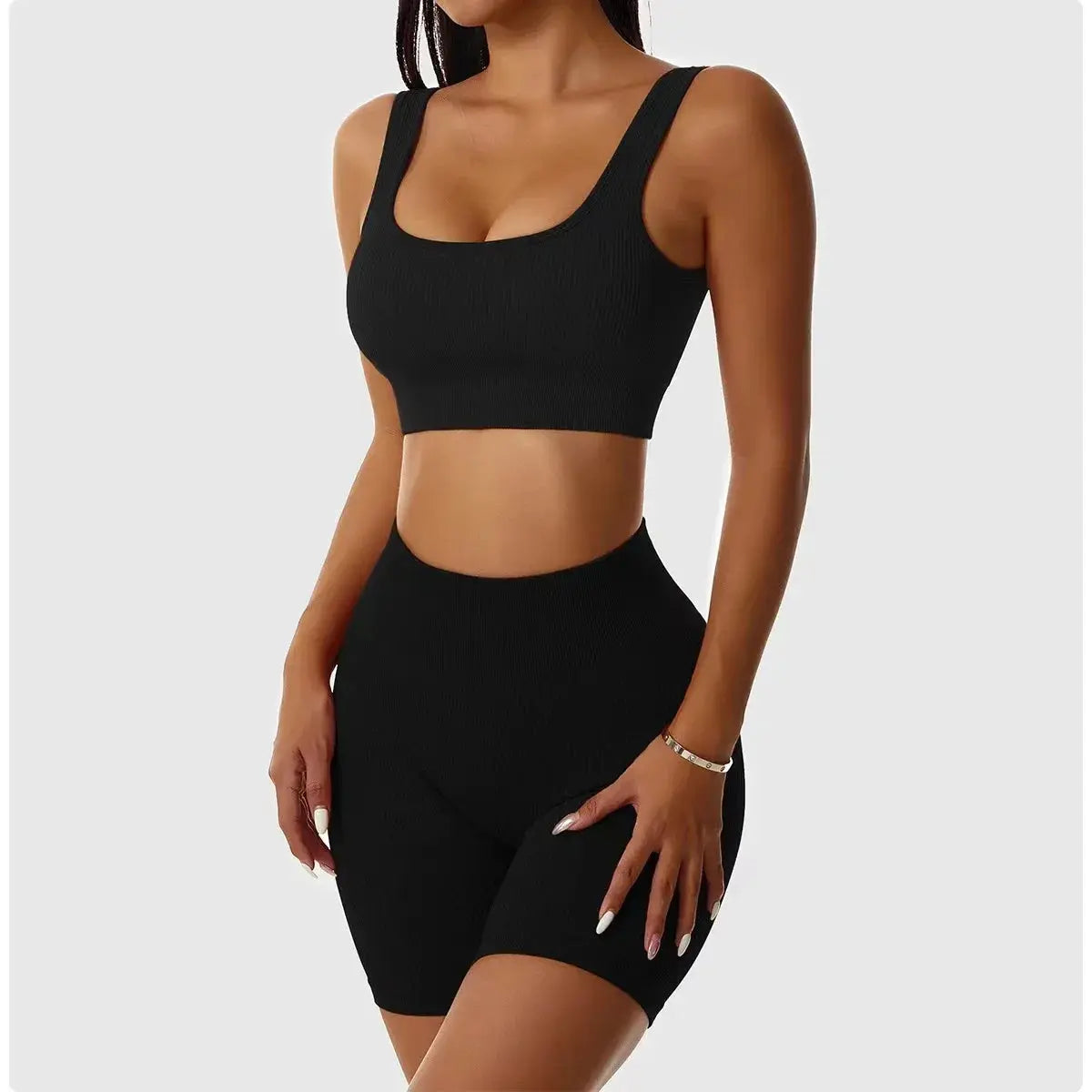 Geripptes Yoga-Sport-Set für Damen, nahtlos, bauchfreies Top, BH, Shorts, Yoga-Set, bequem, elastisch, Sportanzug, Workout-Outfit, Fitness-Studio-Kleidung Ethics Sports