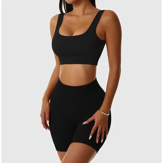 Geripptes Yoga-Sport-Set für Damen, nahtlos, bauchfreies Top, BH, Shorts, Yoga-Set, bequem, elastisch, Sportanzug, Workout-Outfit, Fitness-Studio-Kleidung Ethics Sports
