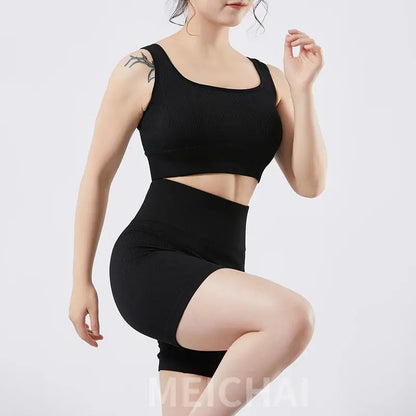 Geripptes Yoga-Sport-Set für Damen, nahtlos, bauchfreies Top, BH, Shorts, Yoga-Set, bequem, elastisch, Sportanzug, Workout-Outfit, Fitness-Studio-Kleidung Ethics Sports
