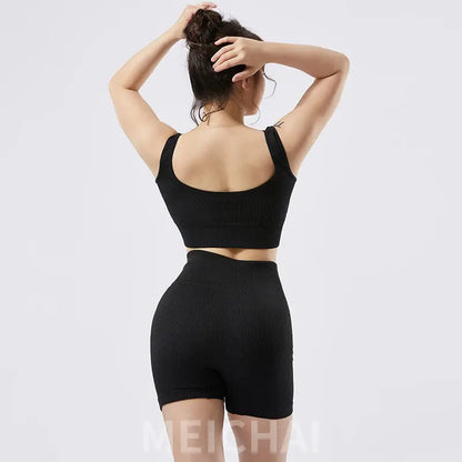 Geripptes Yoga-Sport-Set für Damen, nahtlos, bauchfreies Top, BH, Shorts, Yoga-Set, bequem, elastisch, Sportanzug, Workout-Outfit, Fitness-Studio-Kleidung Ethics Sports