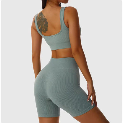 Geripptes Yoga-Sport-Set für Damen, nahtlos, bauchfreies Top, BH, Shorts, Yoga-Set, bequem, elastisch, Sportanzug, Workout-Outfit, Fitness-Studio-Kleidung Ethics Sports