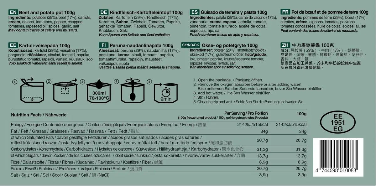 Tactical Foodpack Freeze Dried Meal, 100 g Beutel, Beef & Potato Pot Metasport