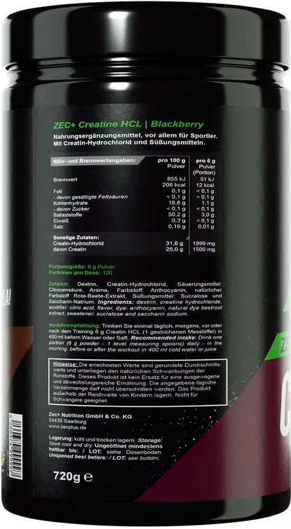 ZEC+ Creatine HCL Pulver, 720 g Dose, Blackberry VEGAN Metasport